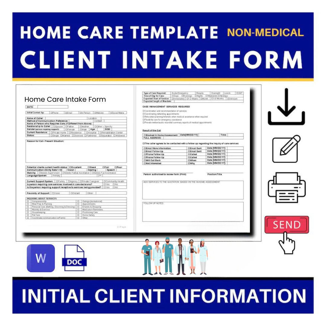 Home Care Intake Form (Non Medical) initial assement, admission Form, New Client Form - Ebookcentral81